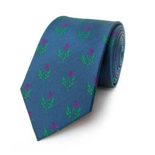 Load image into Gallery viewer, Scottish Thistles Dark Blue Silk Tie
