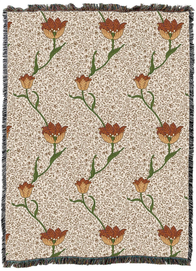 Tulips Beige William Morris Arts and Crafts Throw Blanket