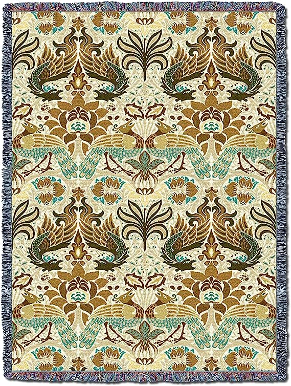 Dragon & Peacock Bisque William Morris Arts & Crafts Throw Blanket