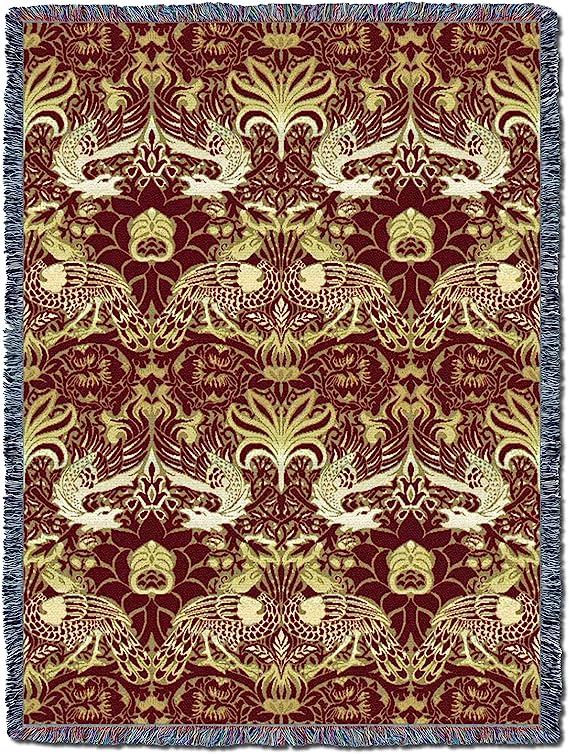 Dragon & Peacock Red and Gold William Morris Arts & Crafts Throw Blanket