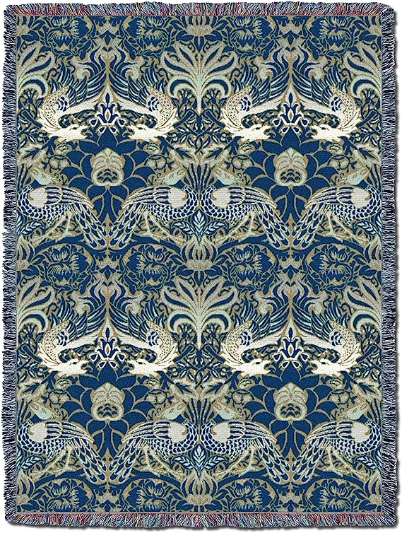 Dragon & Peacock Blue and Silver William Morris Arts & Crafts Throw Blanket