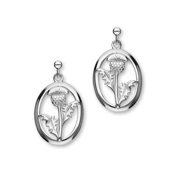 Scottish Thistle Sterling Silver Oval Drop Earrings, E975