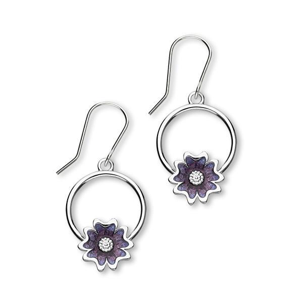 Scottish Primrose Sterling Silver & Purple Enamel Hoop Drop Earrings, EE622