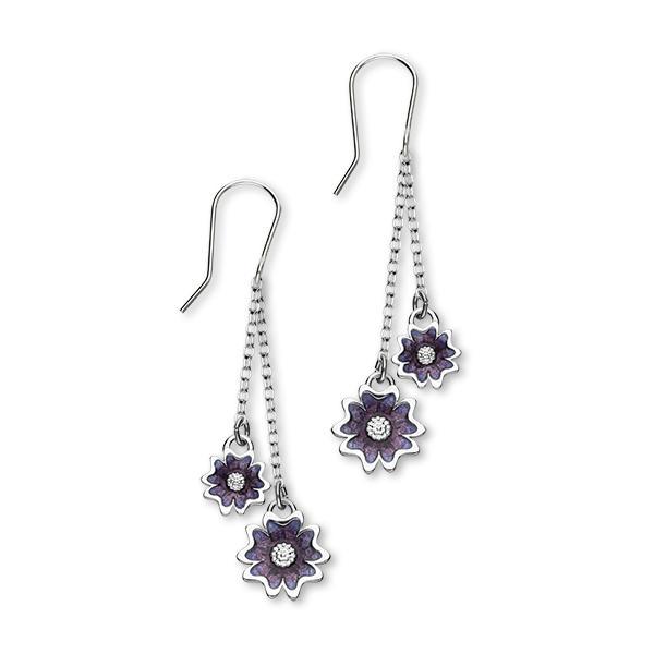 Scottish Primrose Sterling Silver & Purple Enamel 2 Drop Earrings, EE624