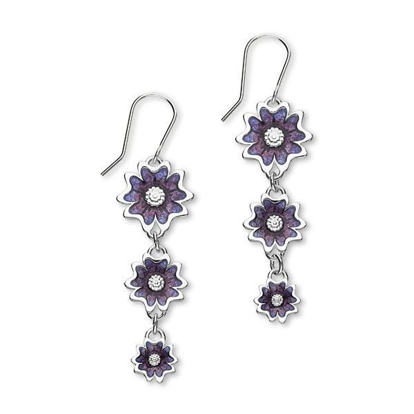 Scottish Primrose Sterling Silver & Purple Enamel Tri Drop Earrings, EE625