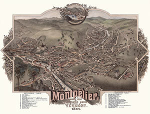 Montpelier, Vermont 1884 Birdseye Map