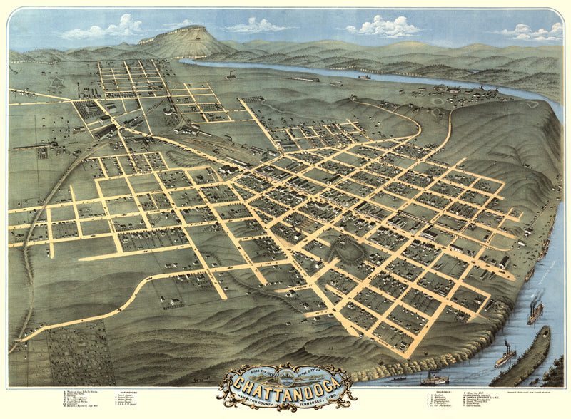 Chattanooga, Tennessee 1871 Birdseye Map