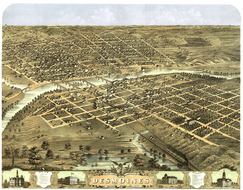 Des Moines, Iowa 1868 Birdseye Map