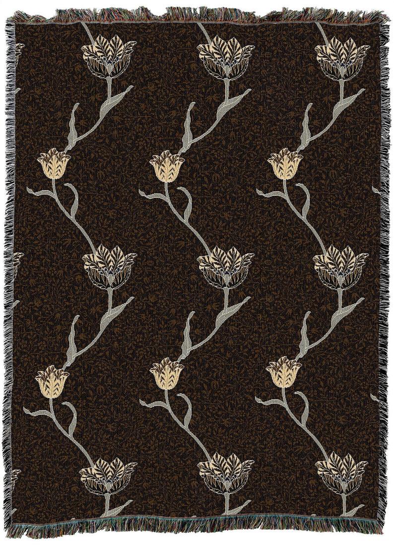 William Morris Garden Tulips Antipode (Brown) Arts and Crafts Throw Blanket