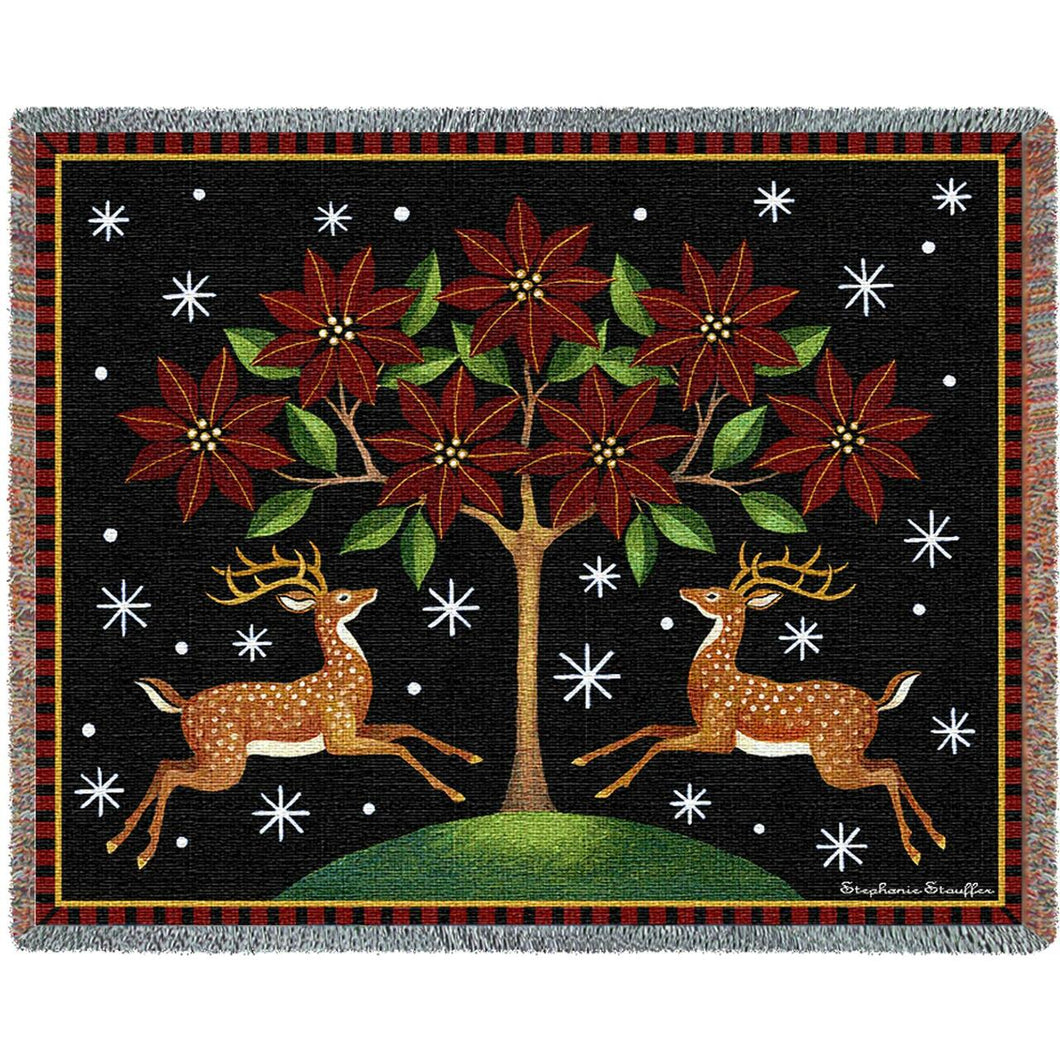 Deer Poinsettia and Tree Cotton Throw Blanket