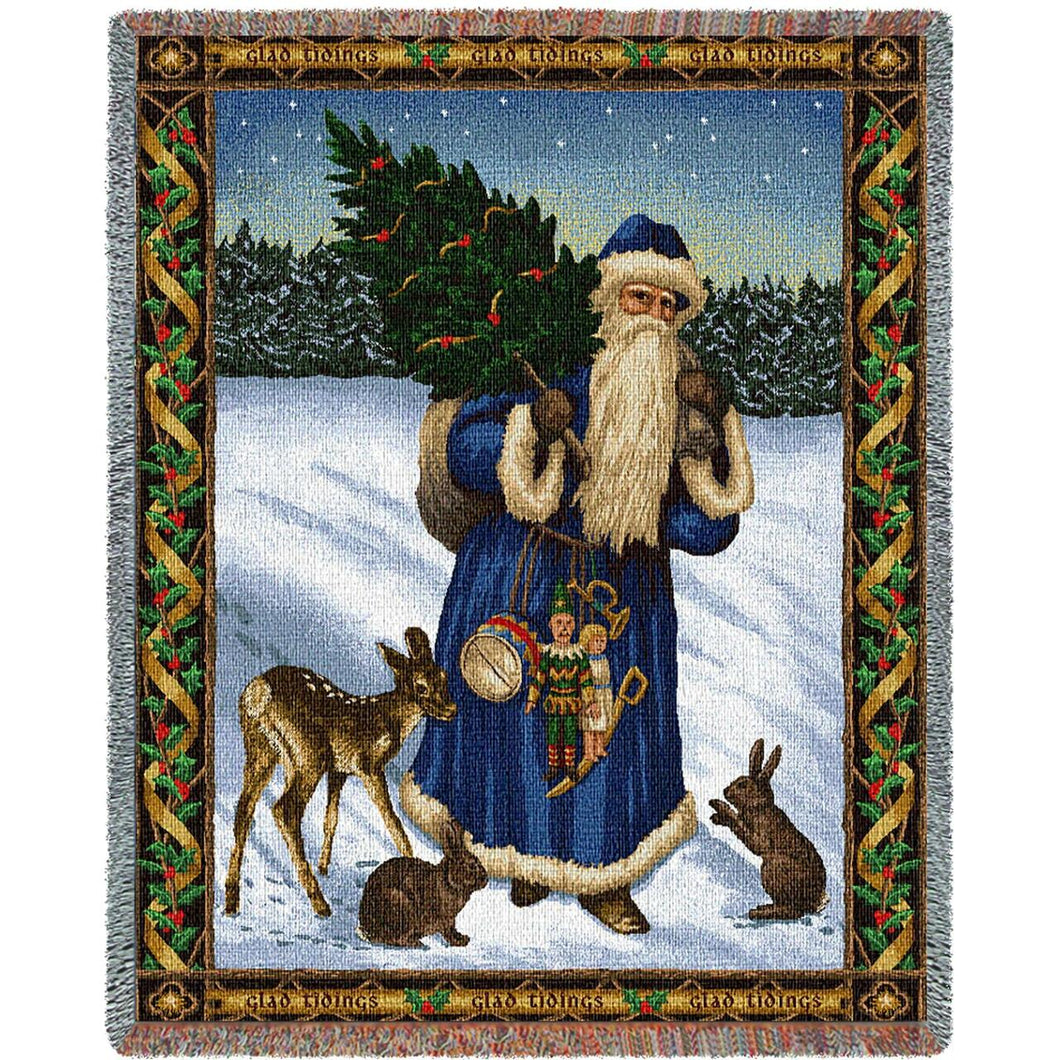 Father Christmas  Blue Cotton Throw Blanket