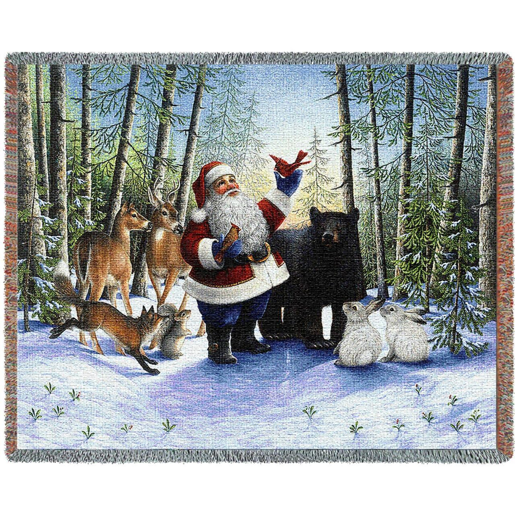 Santa in the Forest Cotton Throw Blanket
