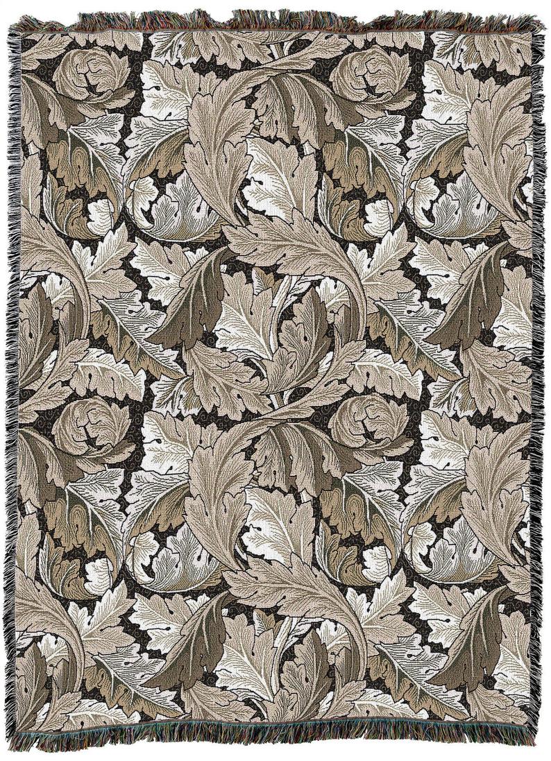 Acanthus Leaves Neutral William Morris Arts and Crafts Throw Blanket